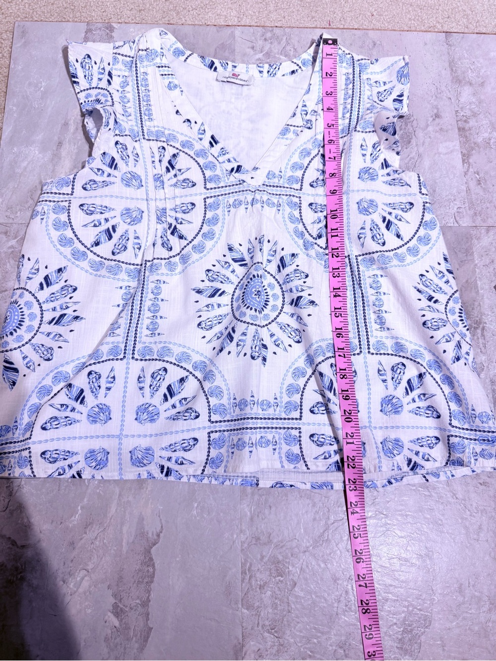 Vineyard Vines Sea Shell Print Pintuck Ruffle Tunic Top Blue White M - Picture 6 of 7